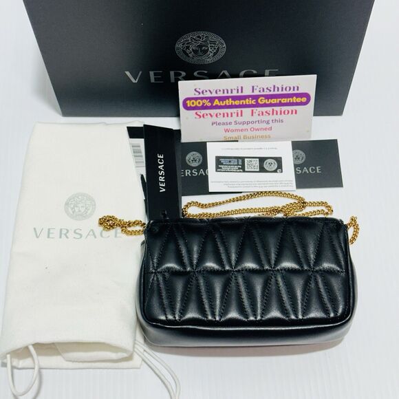 NWT Versace Virtus Mini Black Quilted Leather Crossbody Bag with Gold Chain - Picture 8 of 15